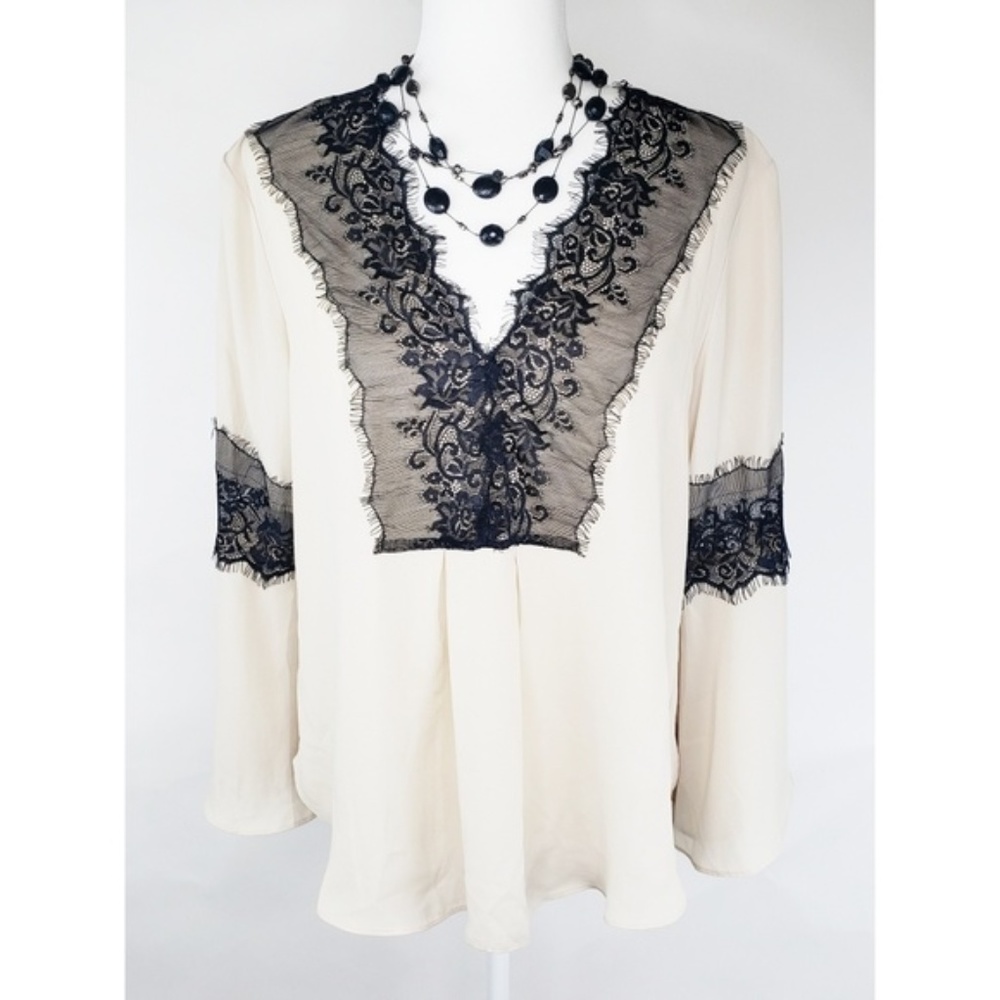 NY & Co Cream and Black Lace Bell Sleeve Blouse Sz M